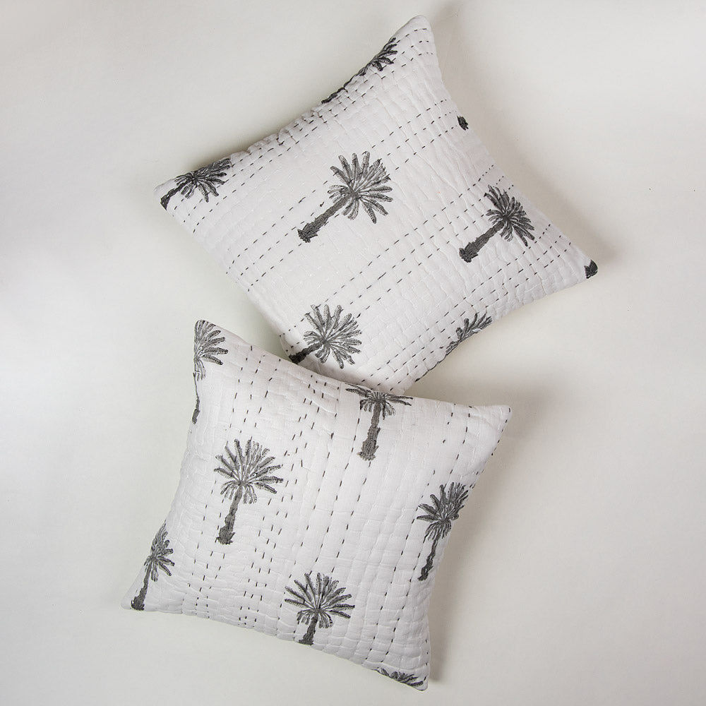 Premium Grey Palm Tree Printed Cotton Kantha Sofa Cushion Covers